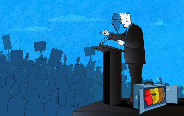 Politician holding a mask in front of his face speaking to a large crowd of people. (Used clipping mask)