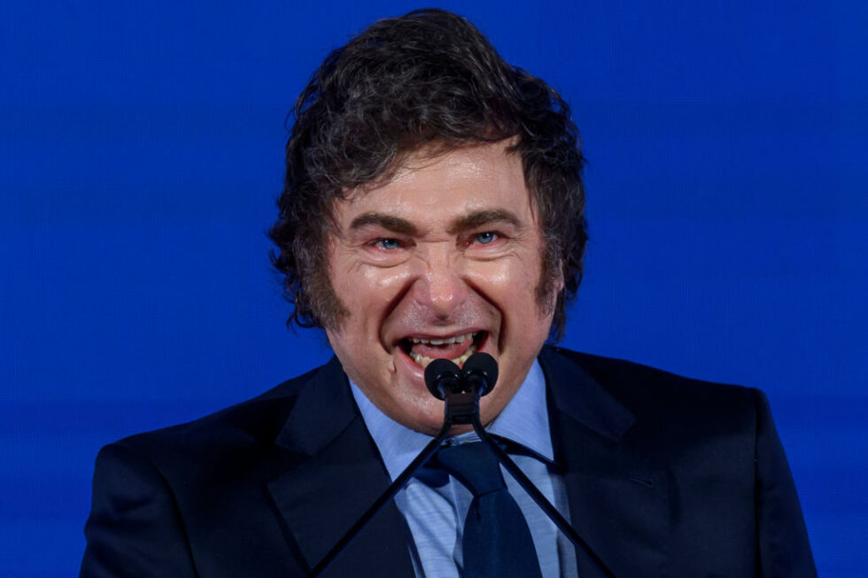 ROME, ITALY - DECEMBER 14: President of Argentina Javier Milei delivers his speech during the annual political convention Atreju organized by Brothers of Italy (Fratelli d'Italia) party at Circo Massimo, on December 14, 2024 in Rome, Italy. (Photo by Antonio Masiello/Getty Images)