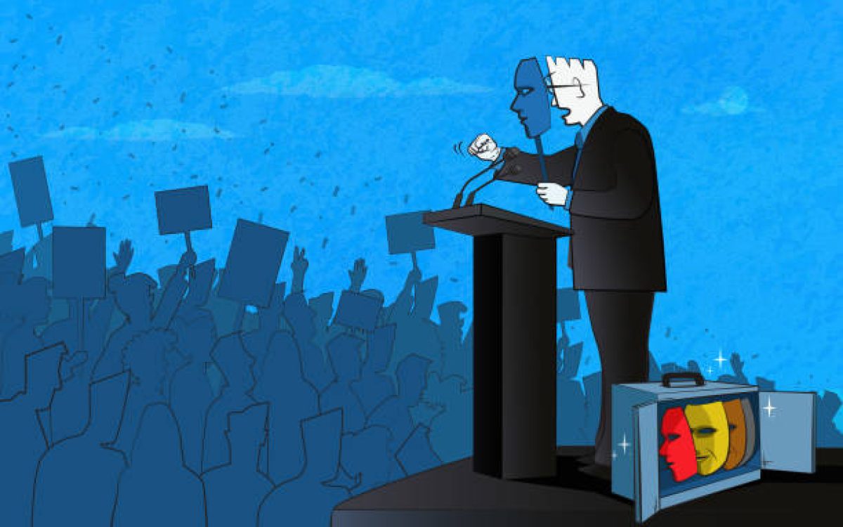 Politician holding a mask in front of his face speaking to a large crowd of people. (Used clipping mask)